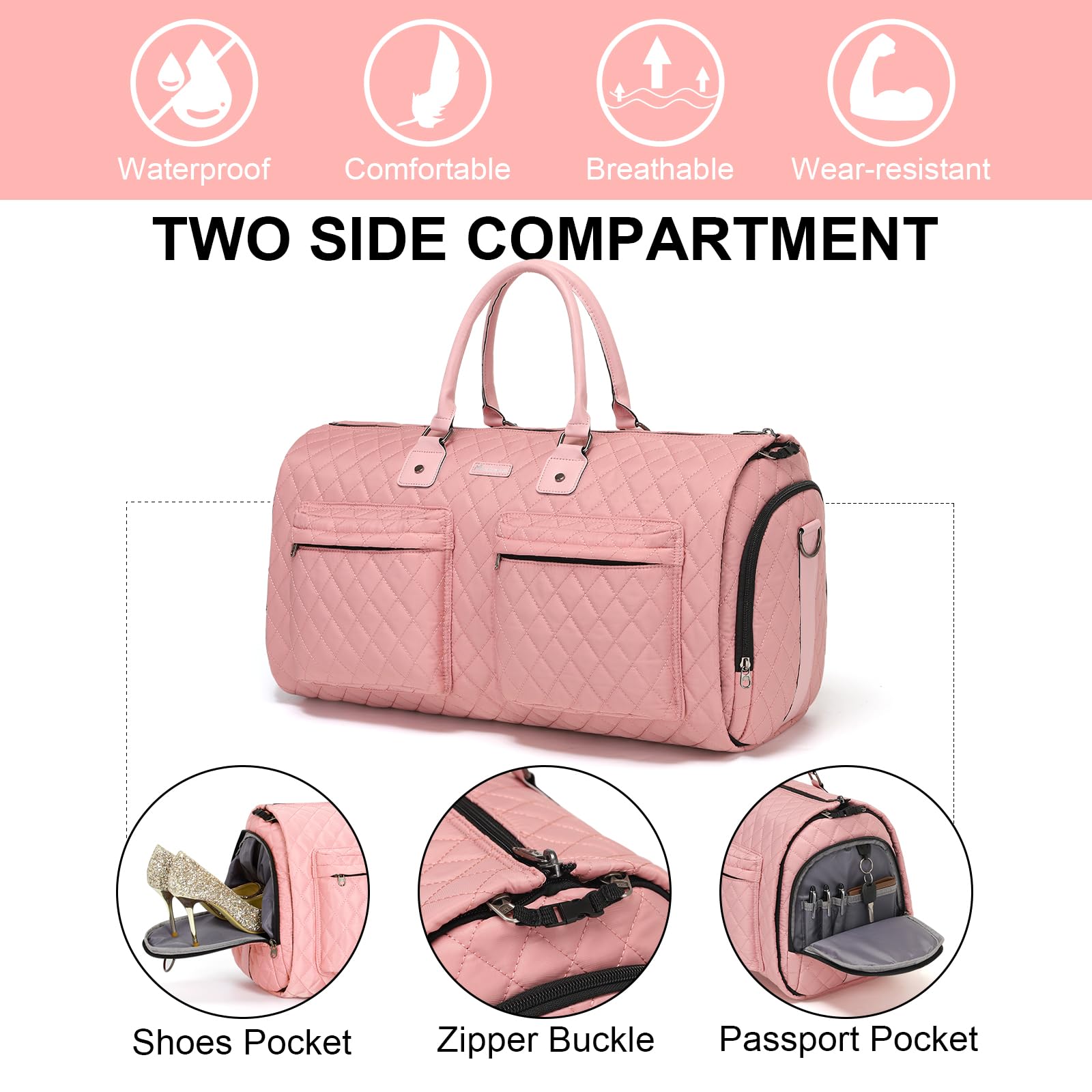 Modoker Rolling Garment Bag for Travel,Womens Convertible Garment Bags with Wheels, Luggage Suit Travel Bags,3 in 1 Carry On Wheeled Duffel Bag,Pink
