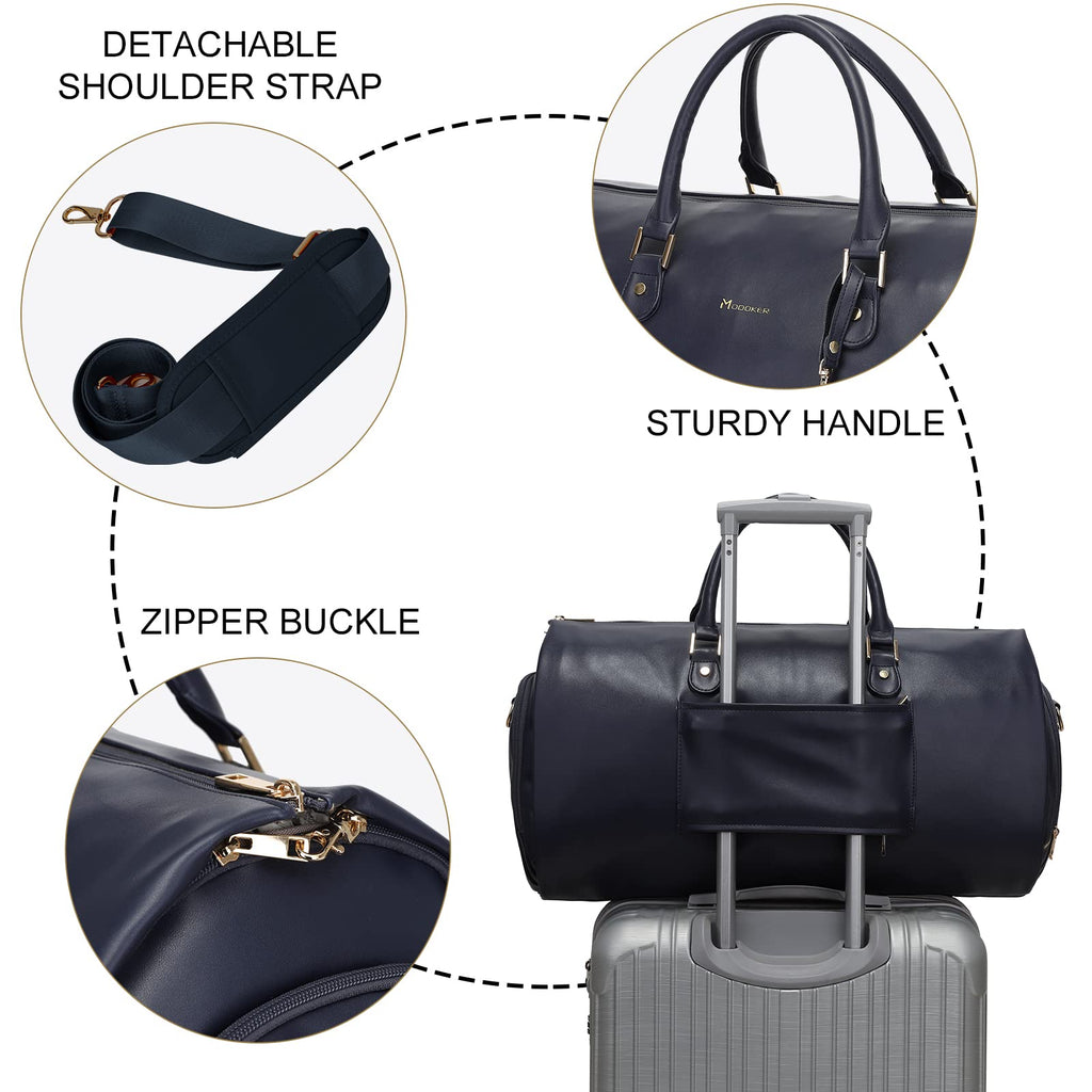 Modoker Women Convertible Leather Garment Bag with Shoulder Strap, PU Leather Garment Duffel Bag Carry on 2 in 1 Hanging Suitcase Suit Travel Bags, Blue