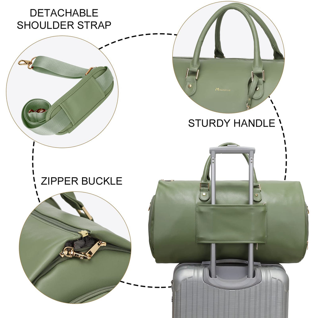 Modoker Women Convertible Leather Garment Bag with Shoulder Strap, PU Leather Garment Duffel Bag Carry on 2 in 1 Hanging Suitcase Suit Travel Bags, Green
