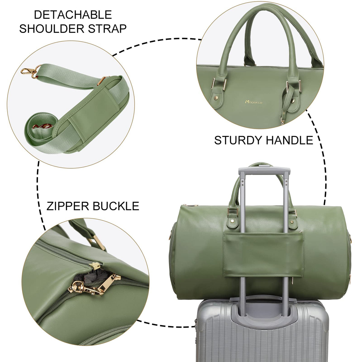 Modoker Women Convertible Leather Garment Bag with Shoulder Strap, PU Leather Garment Duffel Bag Carry on 2 in 1 Hanging Suitcase Suit Travel Bags, Green