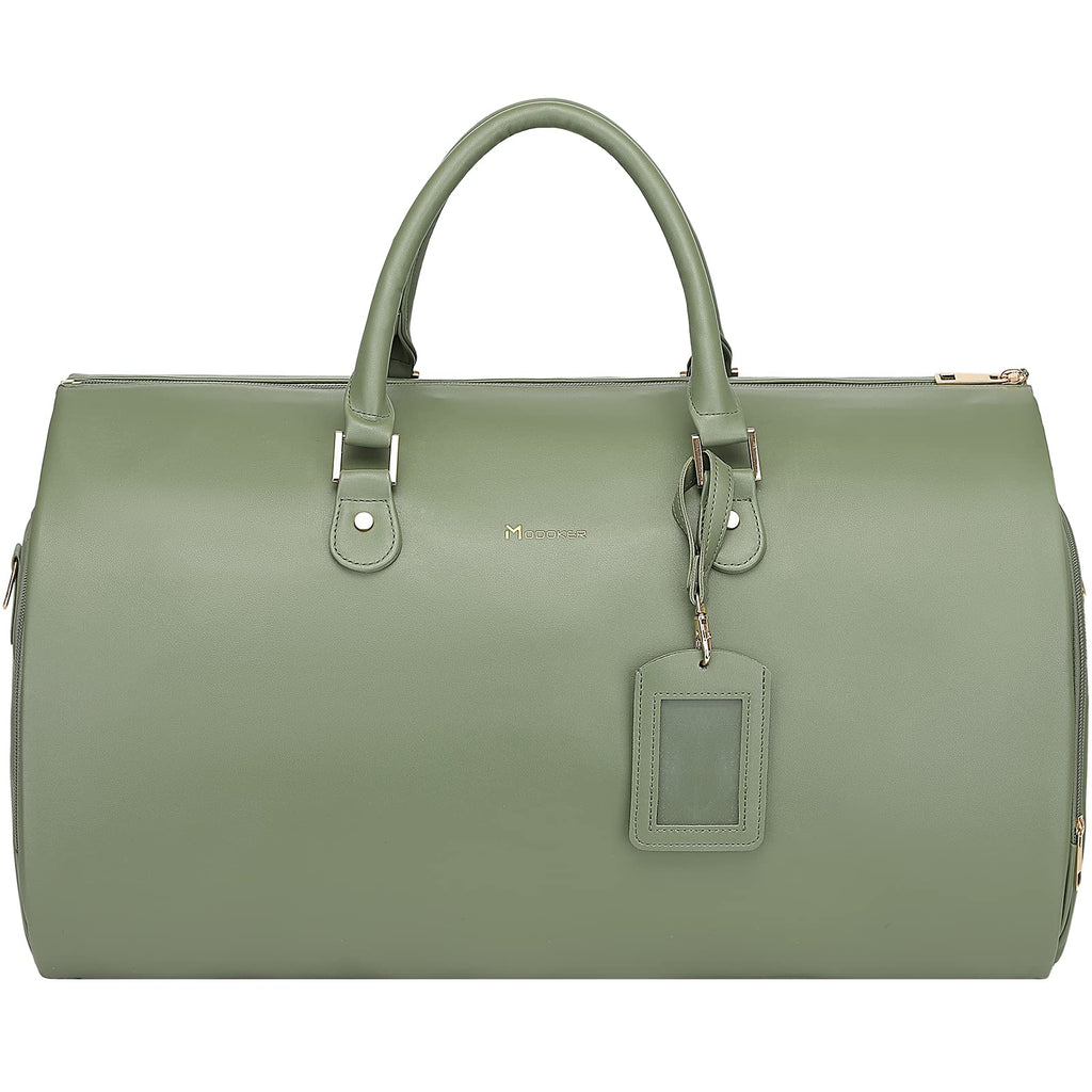 Modoker Women Convertible Leather Garment Bag with Shoulder Strap, PU Leather Garment Duffel Bag Carry on 2 in 1 Hanging Suitcase Suit Travel Bags, Green