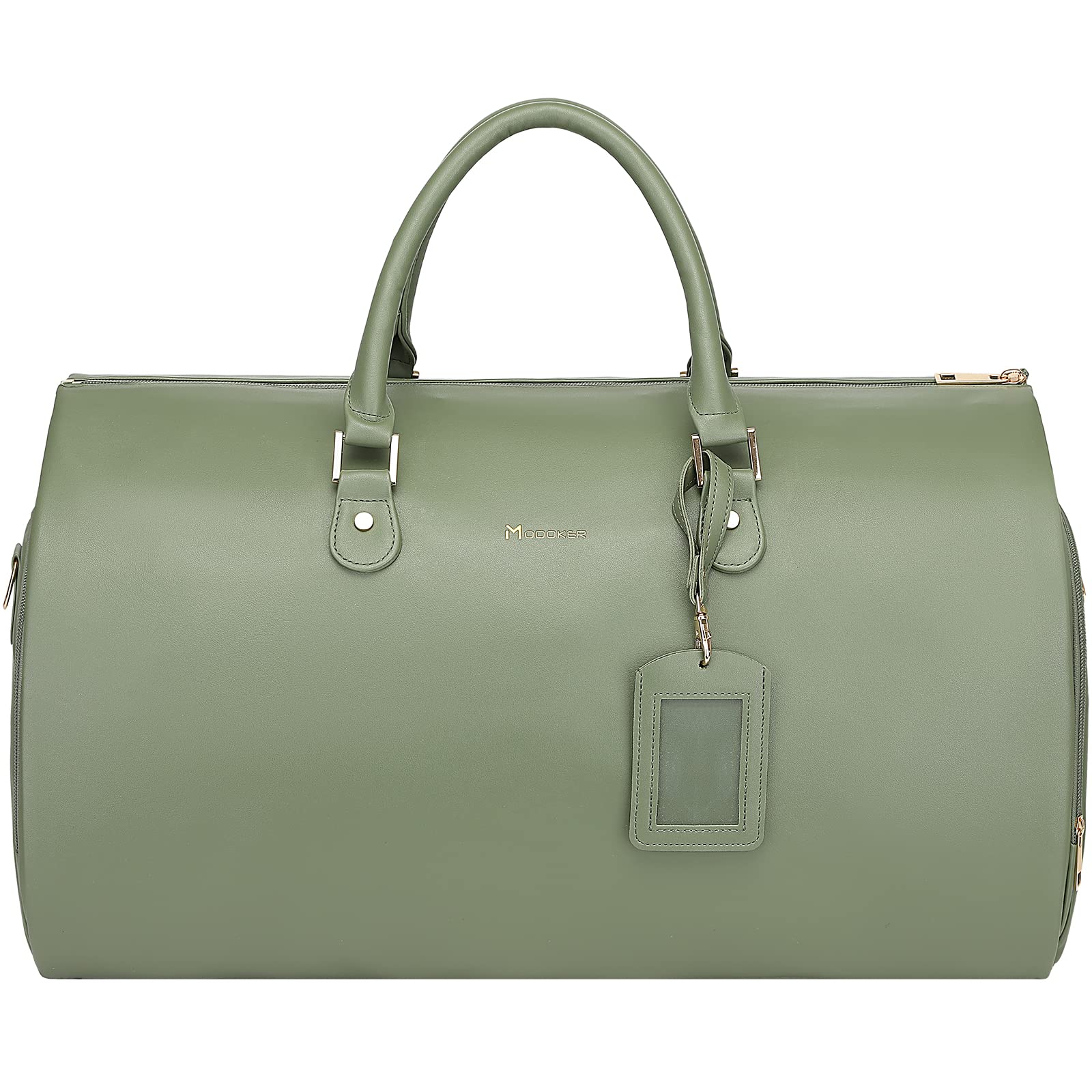 Modoker Women Convertible Leather Garment Bag with Shoulder Strap, PU Leather Garment Duffel Bag Carry on 2 in 1 Hanging Suitcase Suit Travel Bags, Green