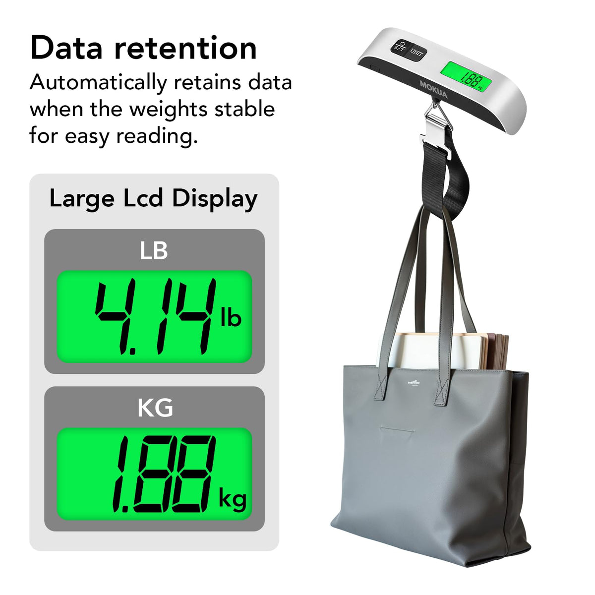MOKUA Portable Digital Luggage Scale, 110lbs Hanging Baggage Scale with Backlit LCD Display, Portable Suitcase Weighing Scale, Travel Luggage Weight Scale with Hook