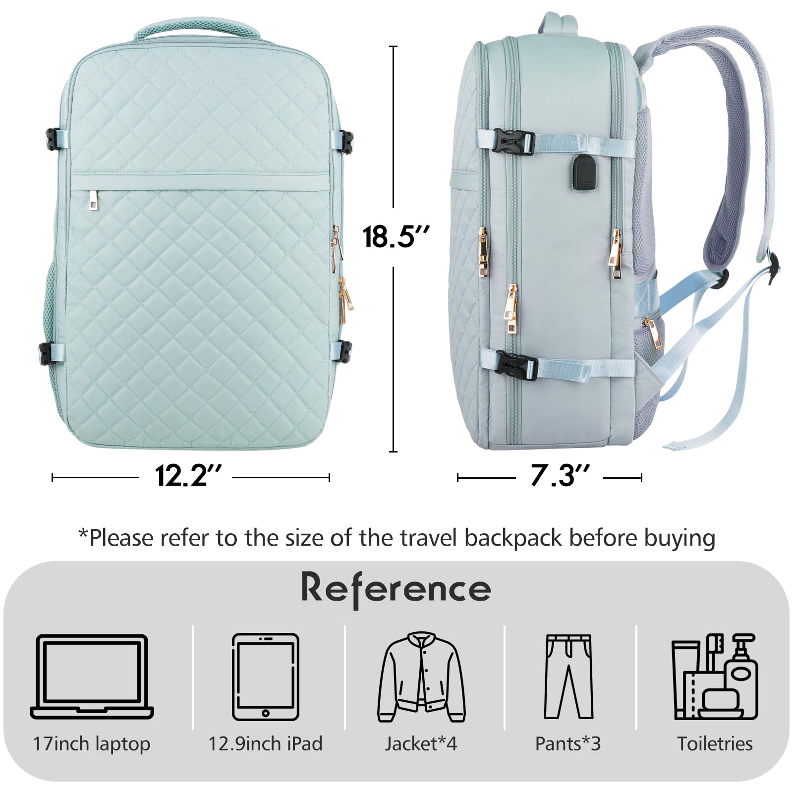 MOMUVO Large Travel Backpack Women, Flight Approved Carry On Backpack, Water Resistant Anti - Theft Large Casual Daypack Fit 17 Inch Laptop with USB Charging Port, Blue