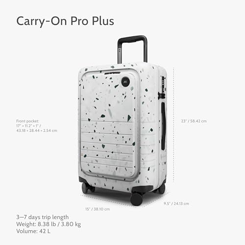 Monos Carry-On Pro Plus Luggage 23 Inch – Hardside Spinner Suitcase with TSA Lock & Laptop Front Pocket | Airline Approved, 42L Polycarbonate Rolling Carry On | Fits 16" Laptop | Terrazzo, White
