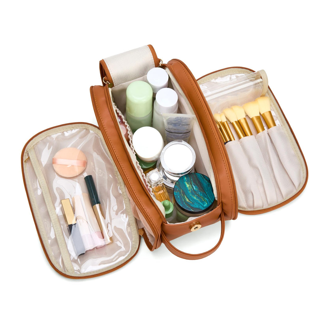 Montana West X Wrangler Large Makeup Bag Travel Toiletry Bag Portable Cosmetic Bag Make Up Organizer with Divider and Handle for Women Brown