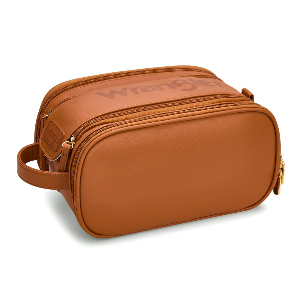 Montana West X Wrangler Large Makeup Bag Travel Toiletry Bag Portable Cosmetic Bag Make Up Organizer with Divider and Handle for Women Brown