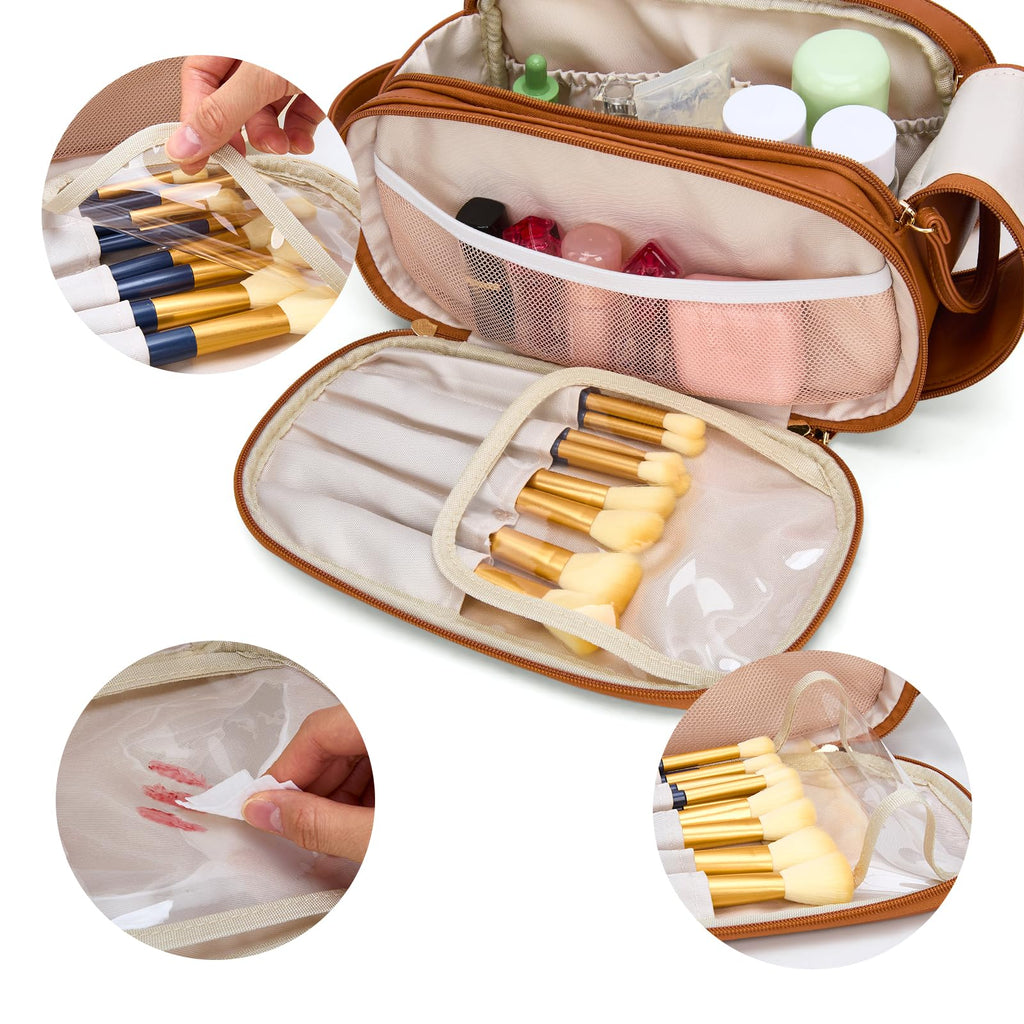 Montana West X Wrangler Large Makeup Bag Travel Toiletry Bag Portable Cosmetic Bag Make Up Organizer with Divider and Handle for Women Brown