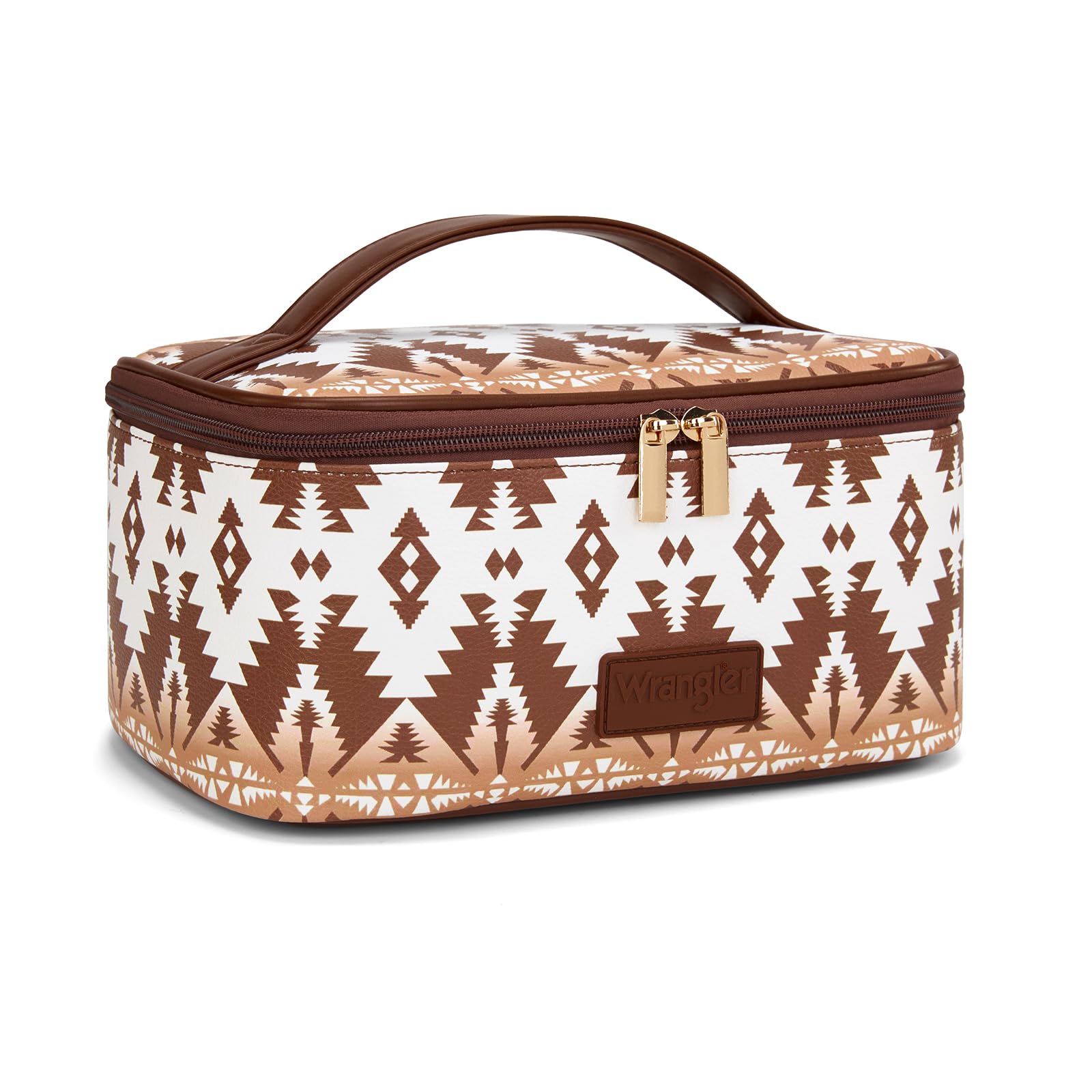 Montana West X Wrangler Travel Makeup Bag 2pcs Set Large Cosmetic Bag with Makeup Brush Holder Portable Make Up Organizer Cute Toiletry Bag with Divider and Handle for Women Aztec