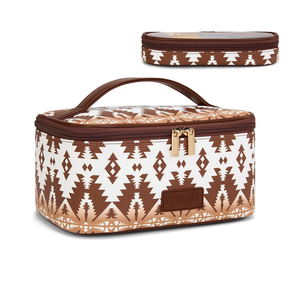 Montana West X Wrangler Travel Makeup Bag 2pcs Set Large Cosmetic Bag with Makeup Brush Holder Portable Make Up Organizer Cute Toiletry Bag with Divider and Handle for Women Aztec