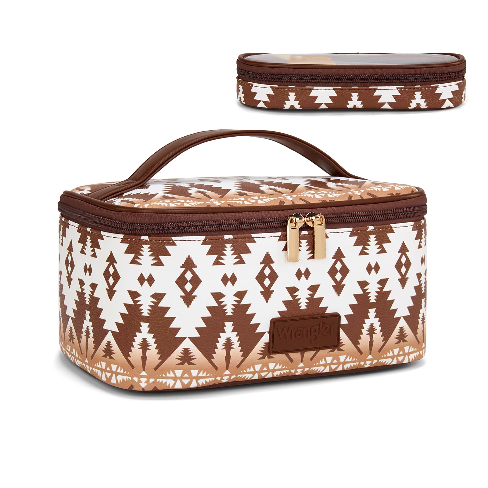 Montana West X Wrangler Travel Makeup Bag 2pcs Set Large Cosmetic Bag with Makeup Brush Holder Portable Make Up Organizer Cute Toiletry Bag with Divider and Handle for Women Aztec