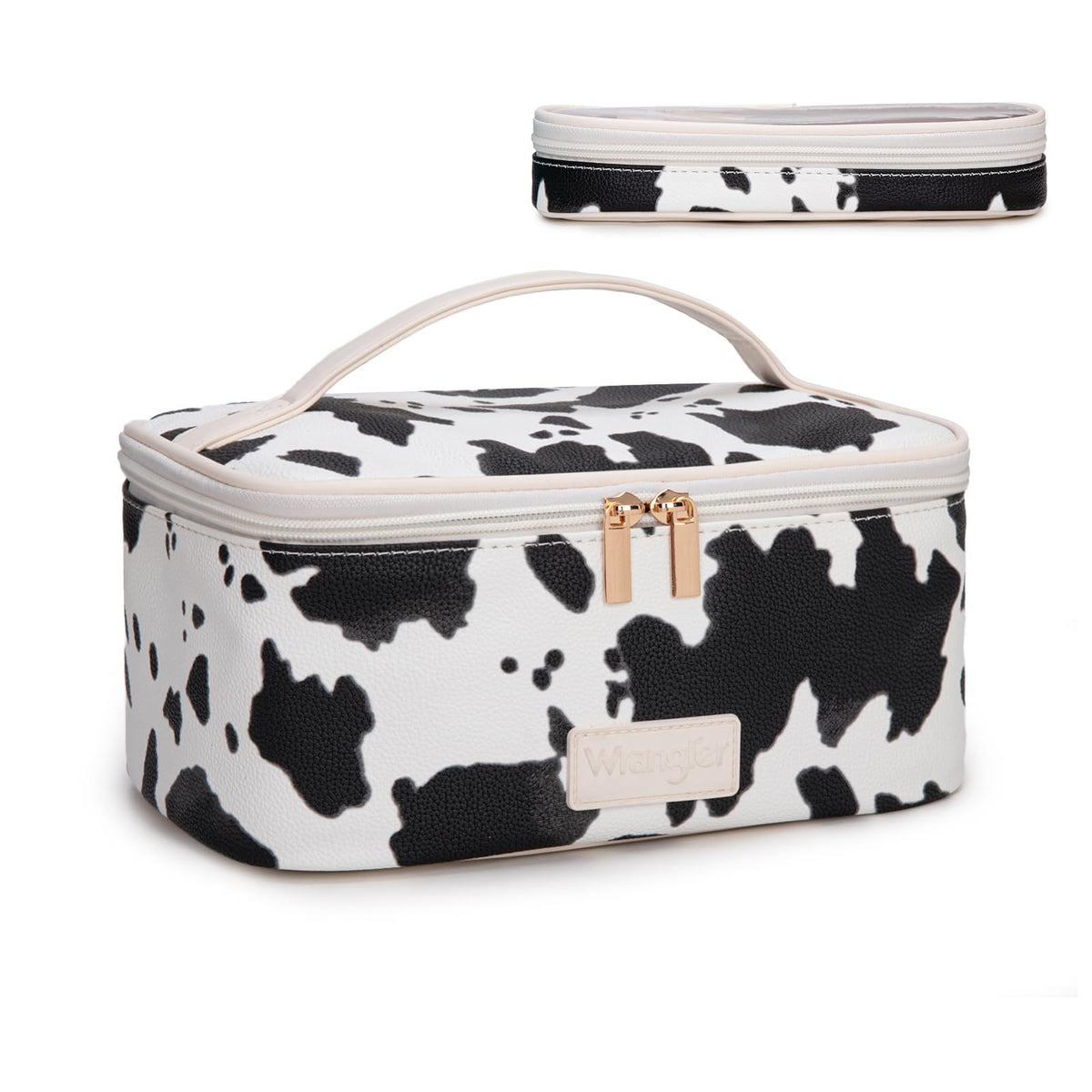 Montana West X Wrangler Travel Makeup Bag 2pcs Set Large Cosmetic Bag with Makeup Brush Holder Portable Make Up Organizer Cute Toiletry Bag with Divider and Handle for Women