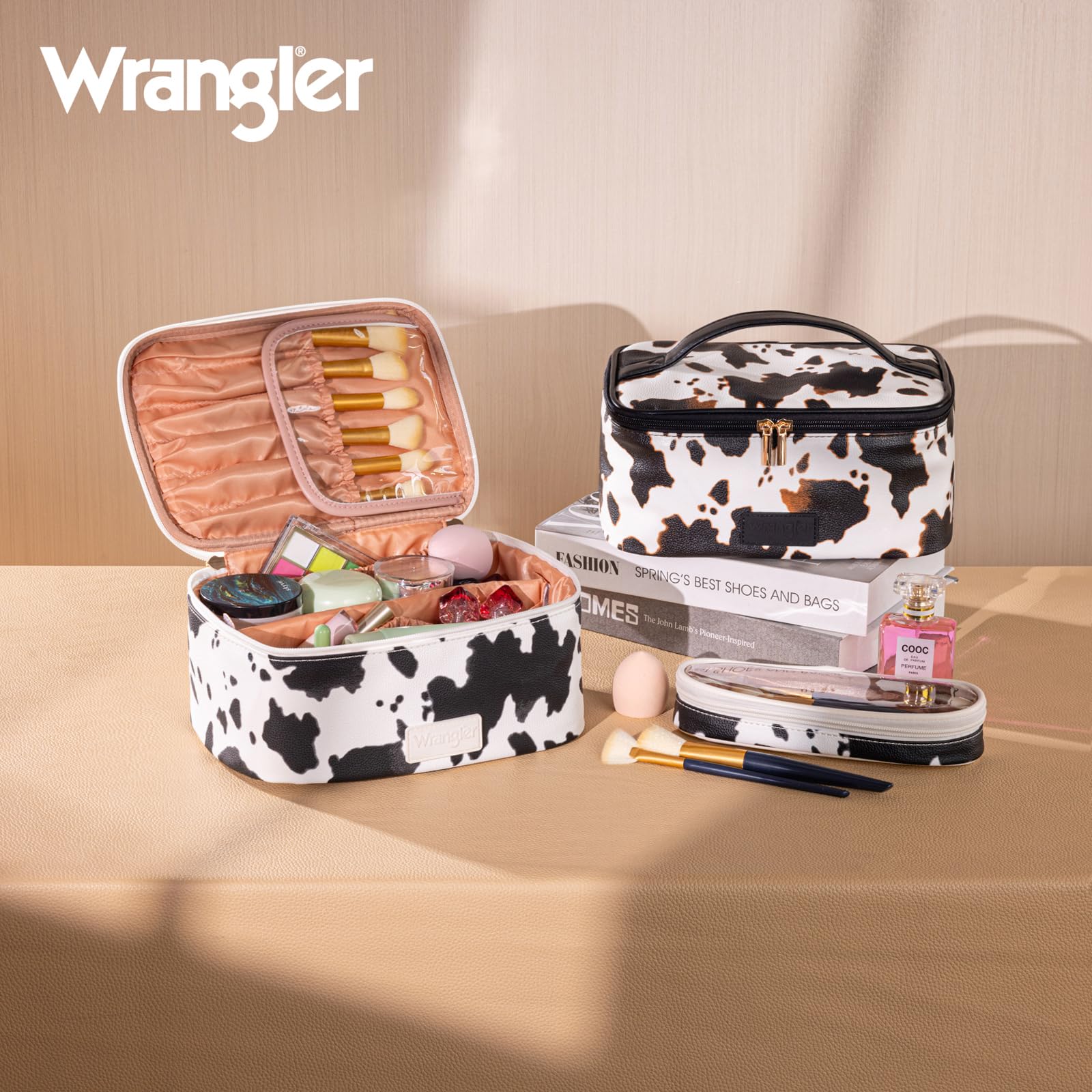 Montana West X Wrangler Travel Makeup Bag 2pcs Set Large Cosmetic Bag with Makeup Brush Holder Portable Make Up Organizer Cute Toiletry Bag with Divider and Handle for Women
