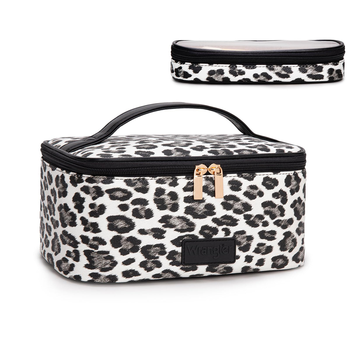 Montana West X Wrangler Travel Makeup Bag 2pcs Set Large Cosmetic Bag with Makeup Brush Holder Portable Make Up Organizer Cute Toiletry Bag with Divider and Handle for Women Leopard
