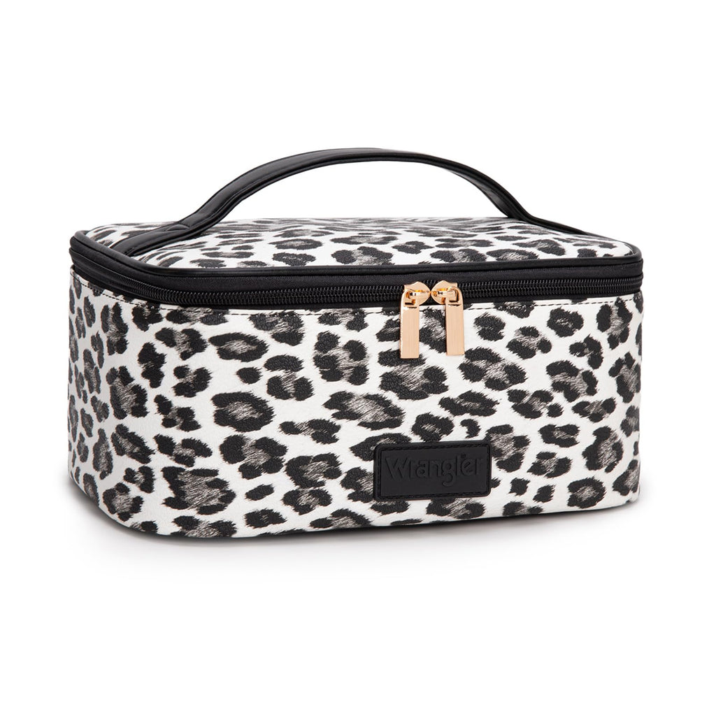 Montana West X Wrangler Travel Makeup Bag 2pcs Set Large Cosmetic Bag with Makeup Brush Holder Portable Make Up Organizer Cute Toiletry Bag with Divider and Handle for Women Leopard