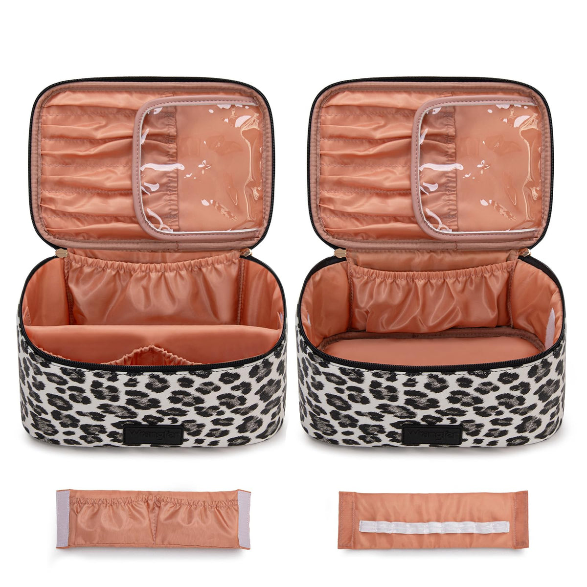 Montana West X Wrangler Travel Makeup Bag 2pcs Set Large Cosmetic Bag with Makeup Brush Holder Portable Make Up Organizer Cute Toiletry Bag with Divider and Handle for Women Leopard