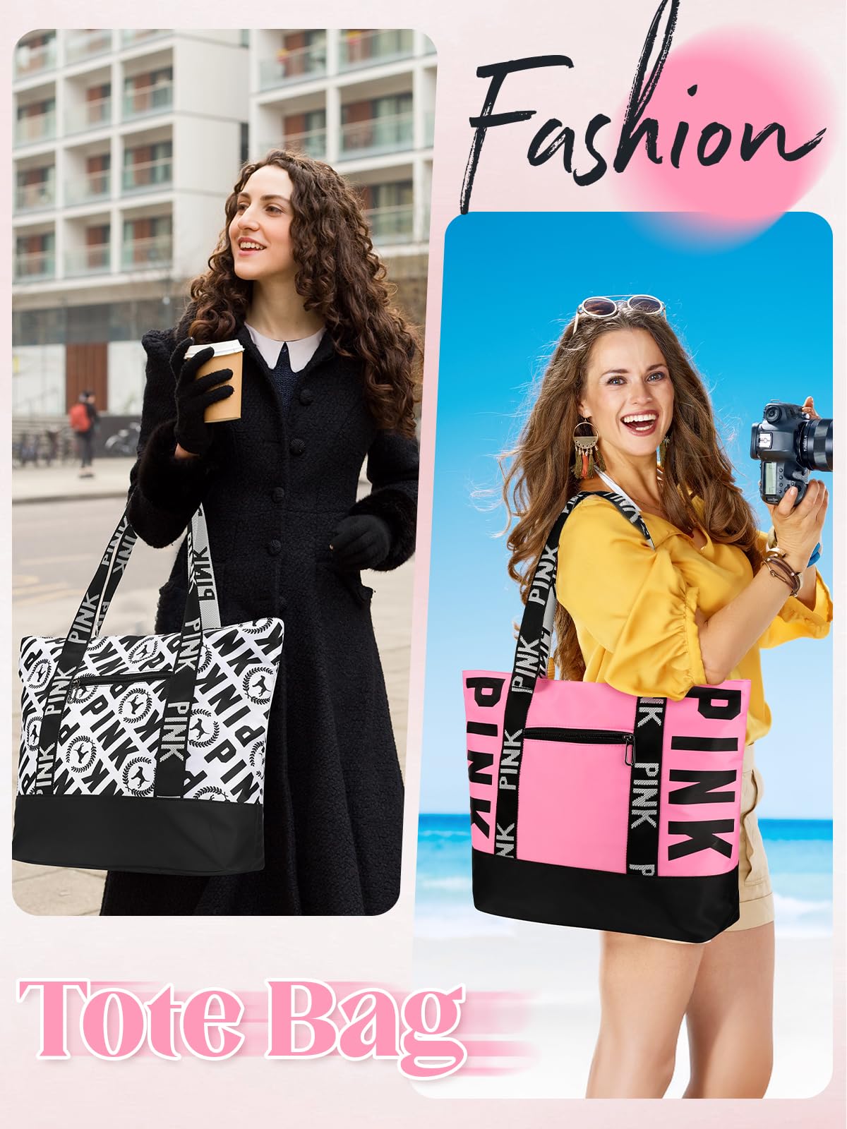 MOPERIL Pink Tote Bags for Women, Waterproof Beach Bag Spend the Night Bags for Women, Travel & Overnight Bag (Pink)