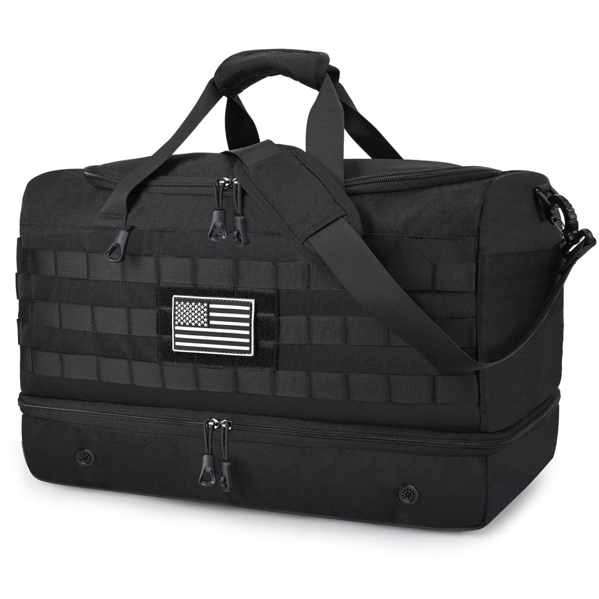 MOZETO Black Duffle Bag for Men, 45L Carry On 22x14x9 Travel Duffle with Shoe Compartment Tactical Inspired Heavy Duty GYM Overnight Bag Wet-Dry Separated Compartment