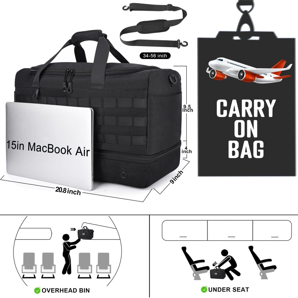 MOZETO Black Duffle Bag for Men, 45L Carry On 22x14x9 Travel Duffle with Shoe Compartment Tactical Inspired Heavy Duty GYM Overnight Bag Wet - Dry Separated Compartment