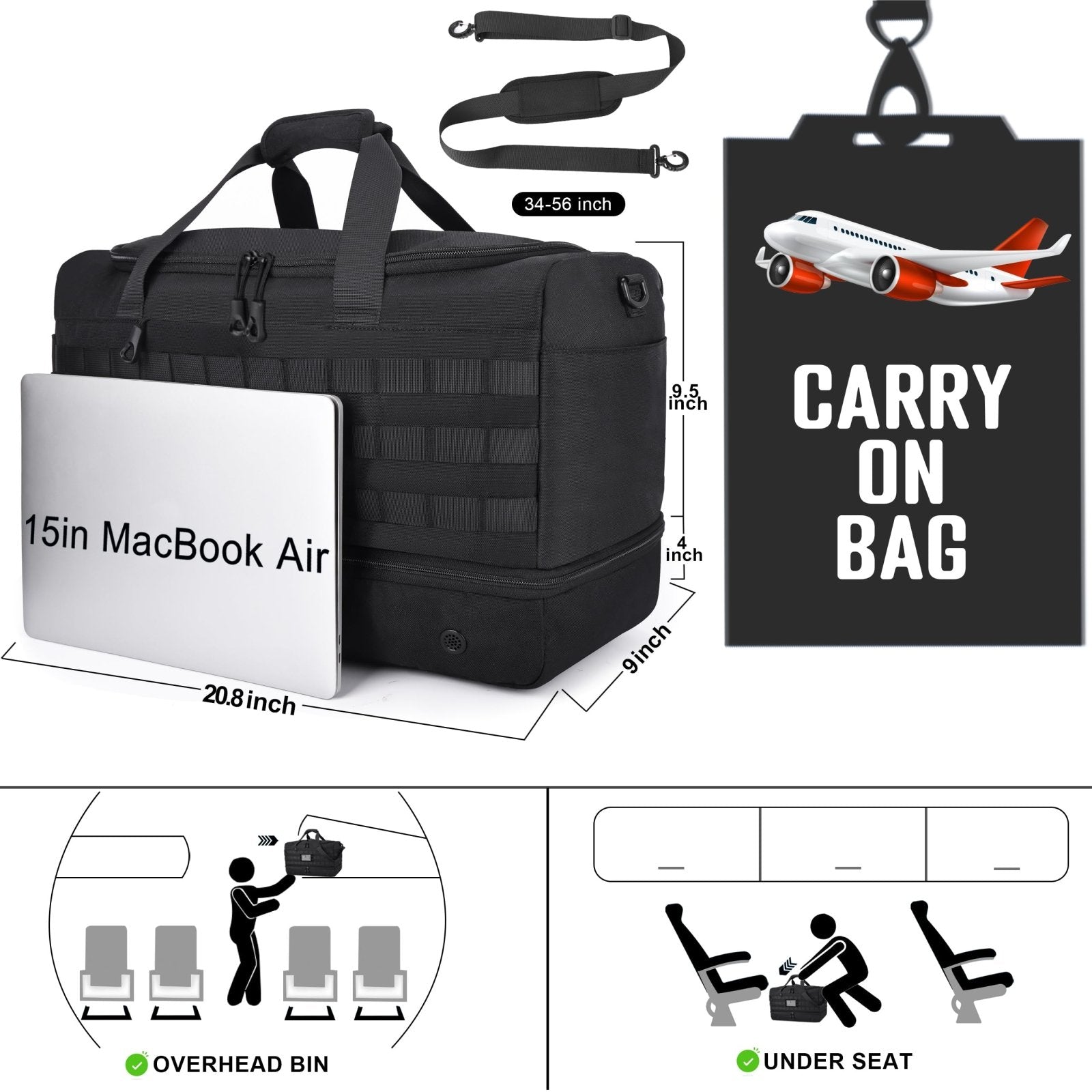 MOZETO Black Duffle Bag for Men, 45L Carry On 22x14x9 Travel Duffle with Shoe Compartment Tactical Inspired Heavy Duty GYM Overnight Bag Wet - Dry Separated Compartment