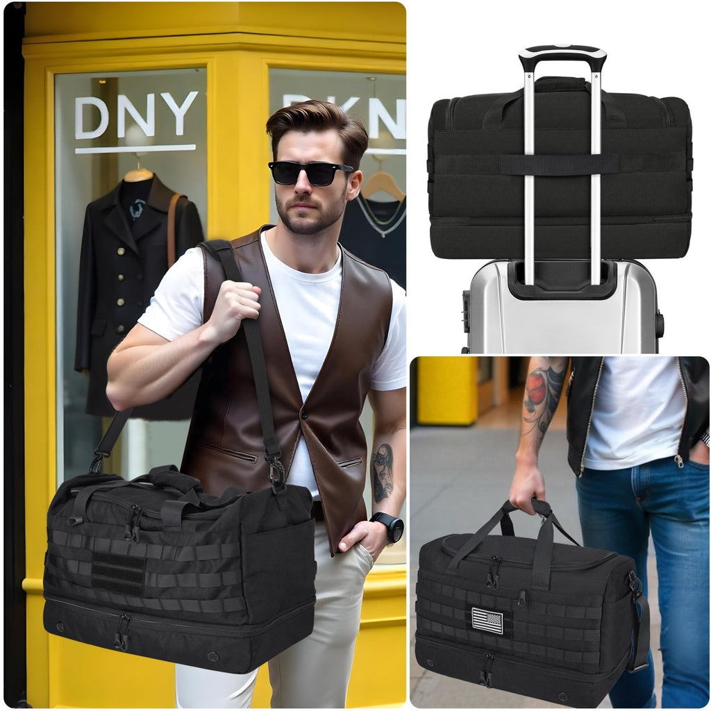 MOZETO Black Duffle Bag for Men, 45L Carry On 22x14x9 Travel Duffle with Shoe Compartment Tactical Inspired Heavy Duty GYM Overnight Bag Wet - Dry Separated Compartment