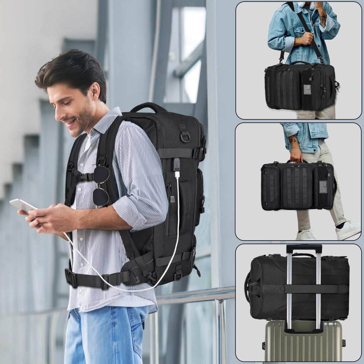 MOZETO Travel Backpack for Men 40L TSA Approved Carry On Backpack with USB Charging Port Durable Water - resistant Convertible Duffle Luggage Bag Large Weekender Bag Daypack Fits 17.3 Inch Laptop