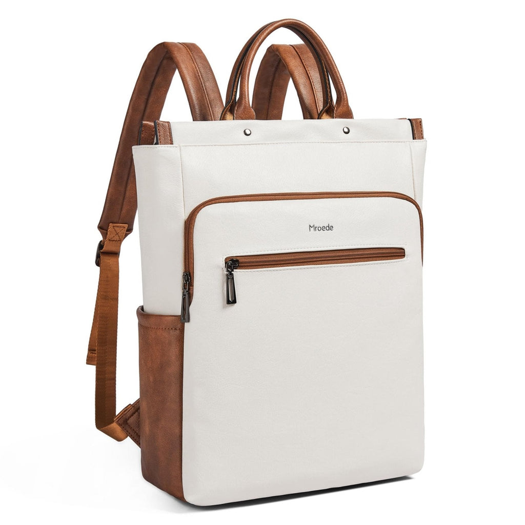 Mroede Leather Laptop Backpack for Women, Travel Backpack Purse Fits 15.6 Inch Laptop, Casual Daypack with Laptop Compartment for Teachers College Work Business Nurse Weekender, Beige Brown