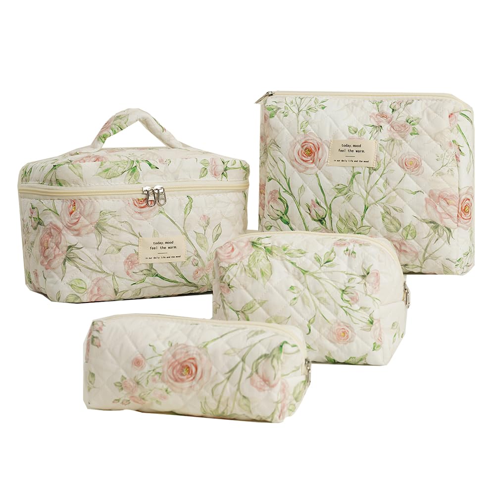 MSGHER Floral Quilted 4-Piece Makeup Bag Set Large Capacity Cosmetic Organizer Handbag Travel Pouch & Storage Bags for Women (Beige)