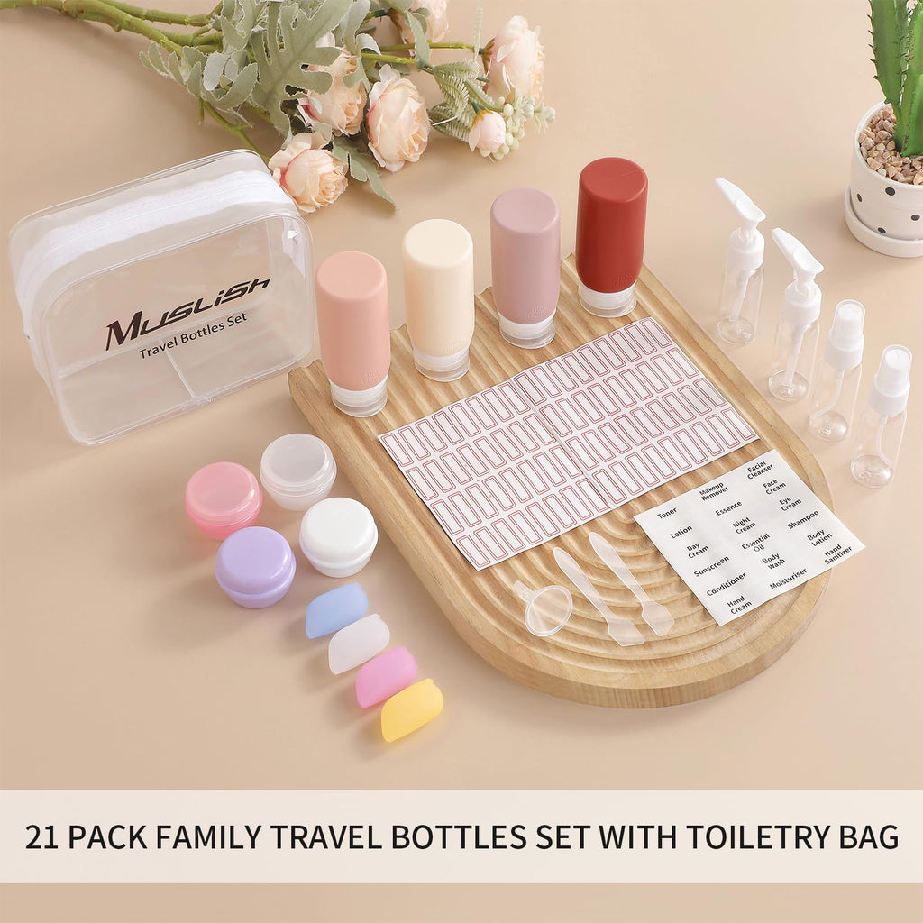 Muslish 21 Pack Travel Bottles for Toiletries, Leak - Proof TSA Compliant Silicone Travel Size Containers for Shampoo and Conditioner, BPA Free with Toiletry Bag (Cream)