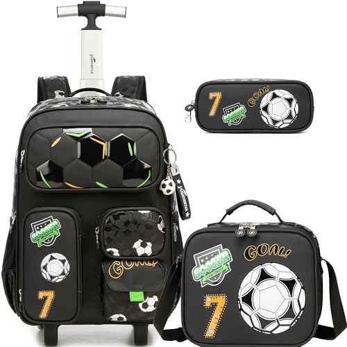MYHSBYO Rolling Backpacks for Boys School Backpacks with Wheels for Elementary Preschool Students Kids Travel Luggage Suitase for Boys Blake Football