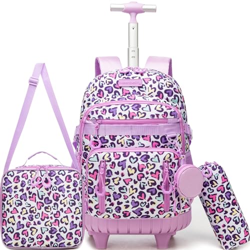MYHSBYO Rolling Backpacks for Kids Backpack for Girls with Lunch Bag Pencil Case 16.5" Kids Backpack with Wheels Roller Backpacks for Girls