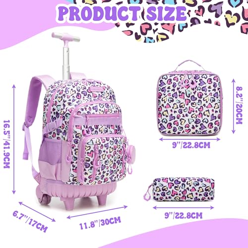 MYHSBYO Rolling Backpacks for Kids Backpack for Girls with Lunch Bag Pencil Case 16.5" Kids Backpack with Wheels Roller Backpacks for Girls