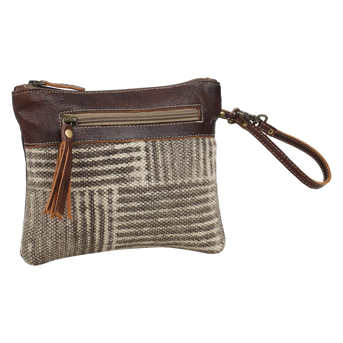 Myra Bag Puzzled Pouch - 9x7.5 Western Travel Makeup Bag, Organizer with Canvas and Leather Wrist Strap, Small Travel Toiletry Bag for Women, Compact Cosmetics Case, Cute Skincare Pouch, Boho Gift