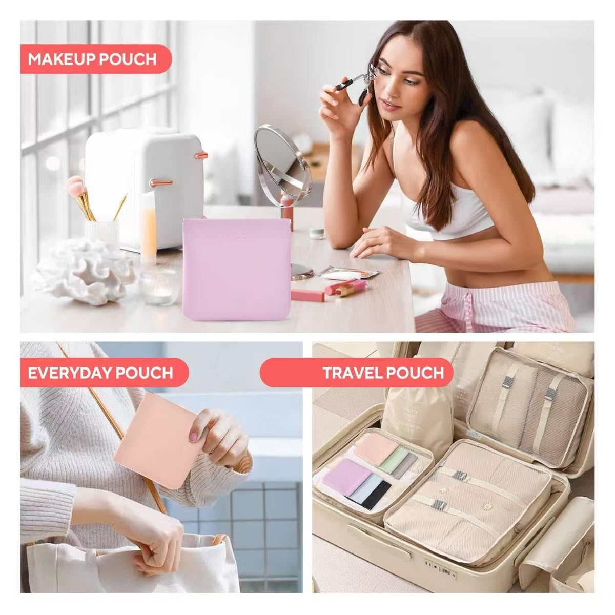 MZLUWM 6PCS Small Makeup Bag for Purse，Waterproof Leather Portable Mini Makeup Bag,Snap Closure Organizer Pouch for Coin Cards Jewelry Lipstick Cosmetic Accessories，Small Travel Kit Storage Pouch