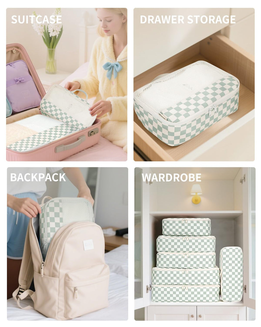 Narwey 7 Set Checkered Packing Cubes for Travel Kids Women, Durable Packing Organizer Bags for Carry on Suitcase Luggage Travel Essentials Accessories (Mint Green Checkerboard)