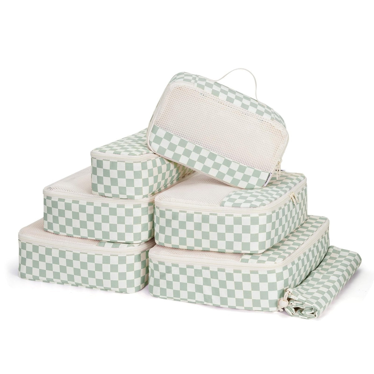 Narwey 7 Set Checkered Packing Cubes for Travel Kids Women, Durable Packing Organizer Bags for Carry on Suitcase Luggage Travel Essentials Accessories (Mint Green Checkerboard)
