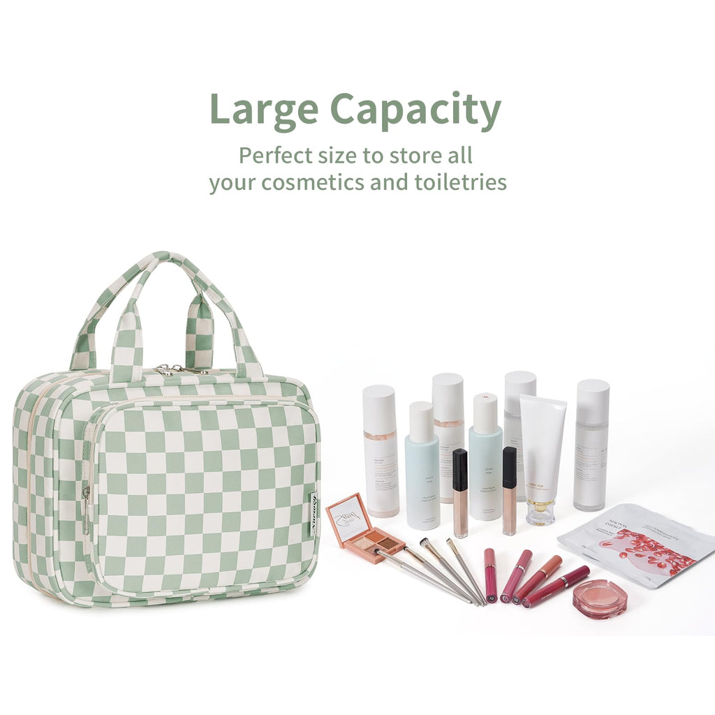 Narwey Hanging Toiletry Bag for Women Travel Checkered Makeup Bag Organizer Toiletries Bag for Travel Size Essentials, Accessories, Brushes, Cosmetics (Green Checkerboard (Medium))