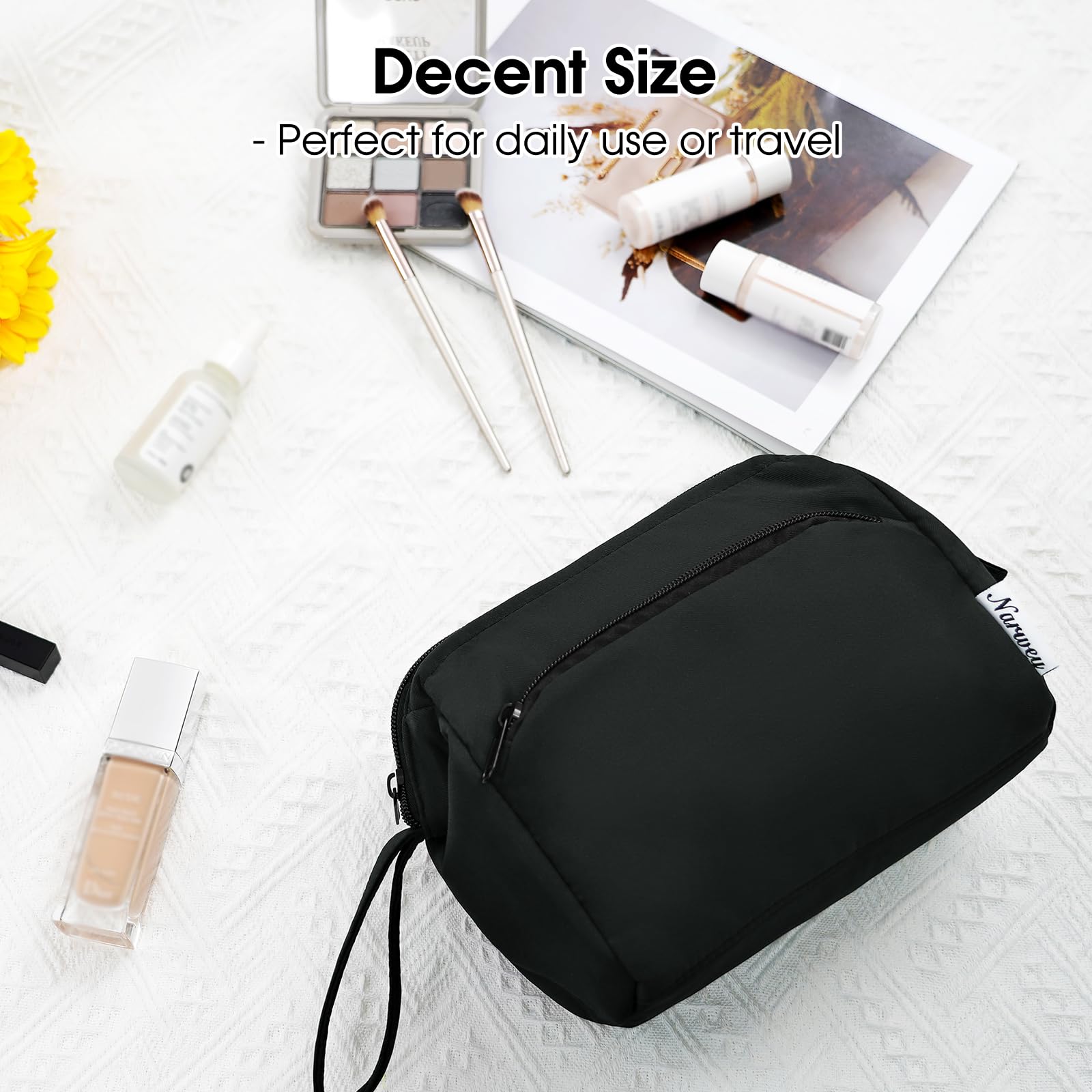 Narwey Makeup Bag Women Wide - open Make up Bag Travel Cosmetic Bag Organizer Toiletry Bag for Cosmetics Toiletries Accessories (Black)
