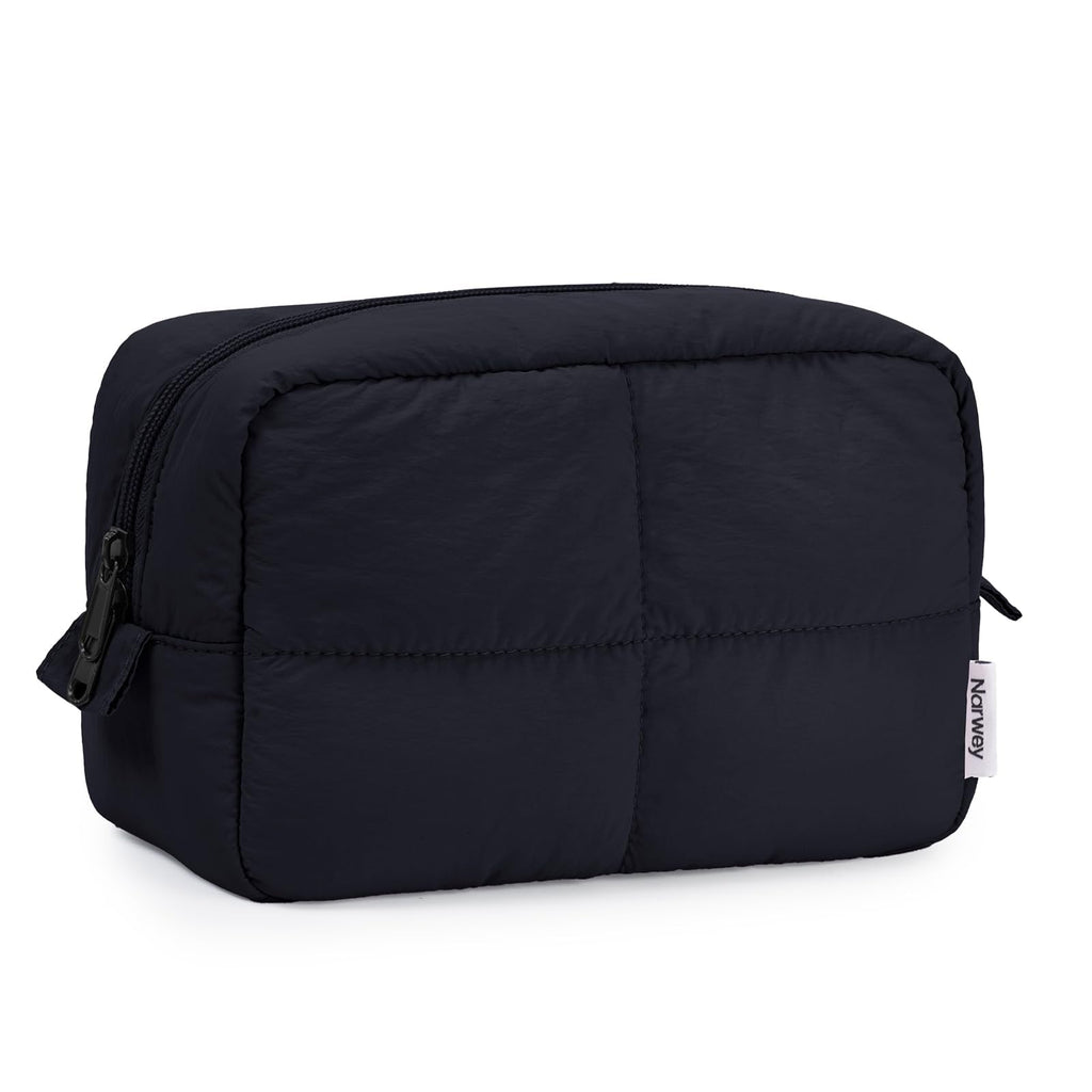 Narwey Travel Makeup Bag for Women Girl, Quilted Black Makeup Bag Cosmetic Make Up Organizer Bags with Compartments, Travel Toiletry Bag for Toiletries (Black)