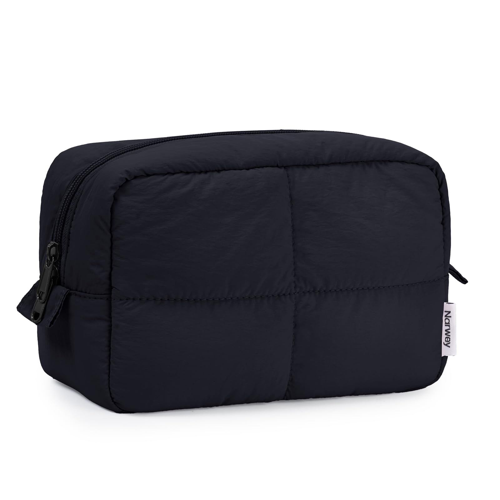 Narwey Travel Makeup Bag for Women Girl, Quilted Black Makeup Bag Cosmetic Make Up Organizer Bags with Compartments, Travel Toiletry Bag for Toiletries (Black)