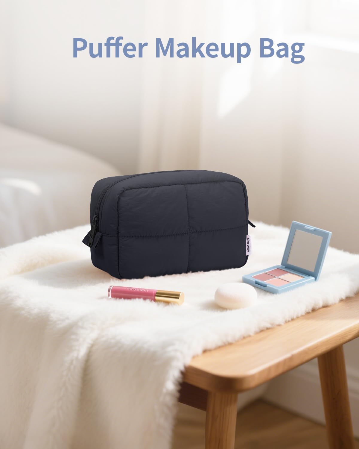 Narwey Travel Makeup Bag for Women Girl, Quilted Black Makeup Bag Cosmetic Make Up Organizer Bags with Compartments, Travel Toiletry Bag for Toiletries (Black)