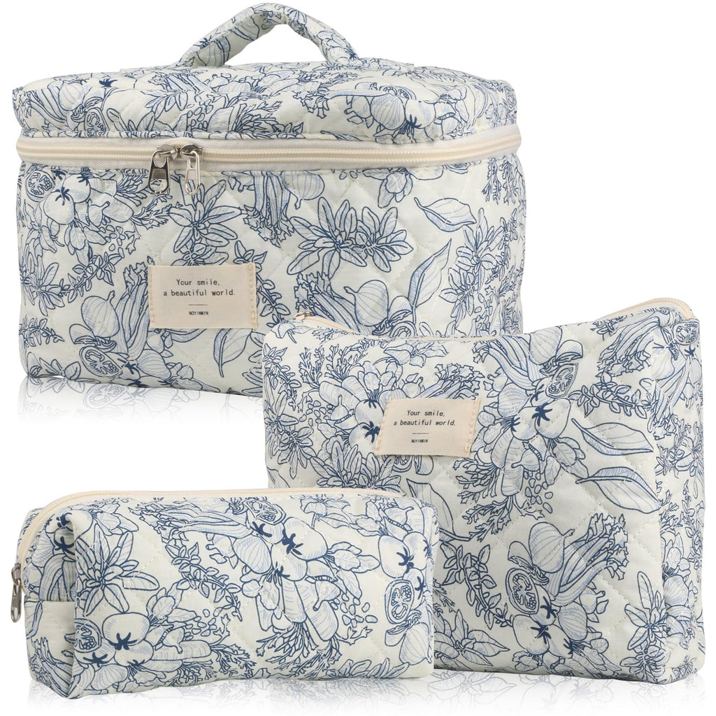 NATINSA Cute Makeup Bag for Women(2 Pcs), Travel Cosmetic Bags, Quilted Coquette Aesthetic Floral Toiletry Organizer Bag (22 - Black Flower)
