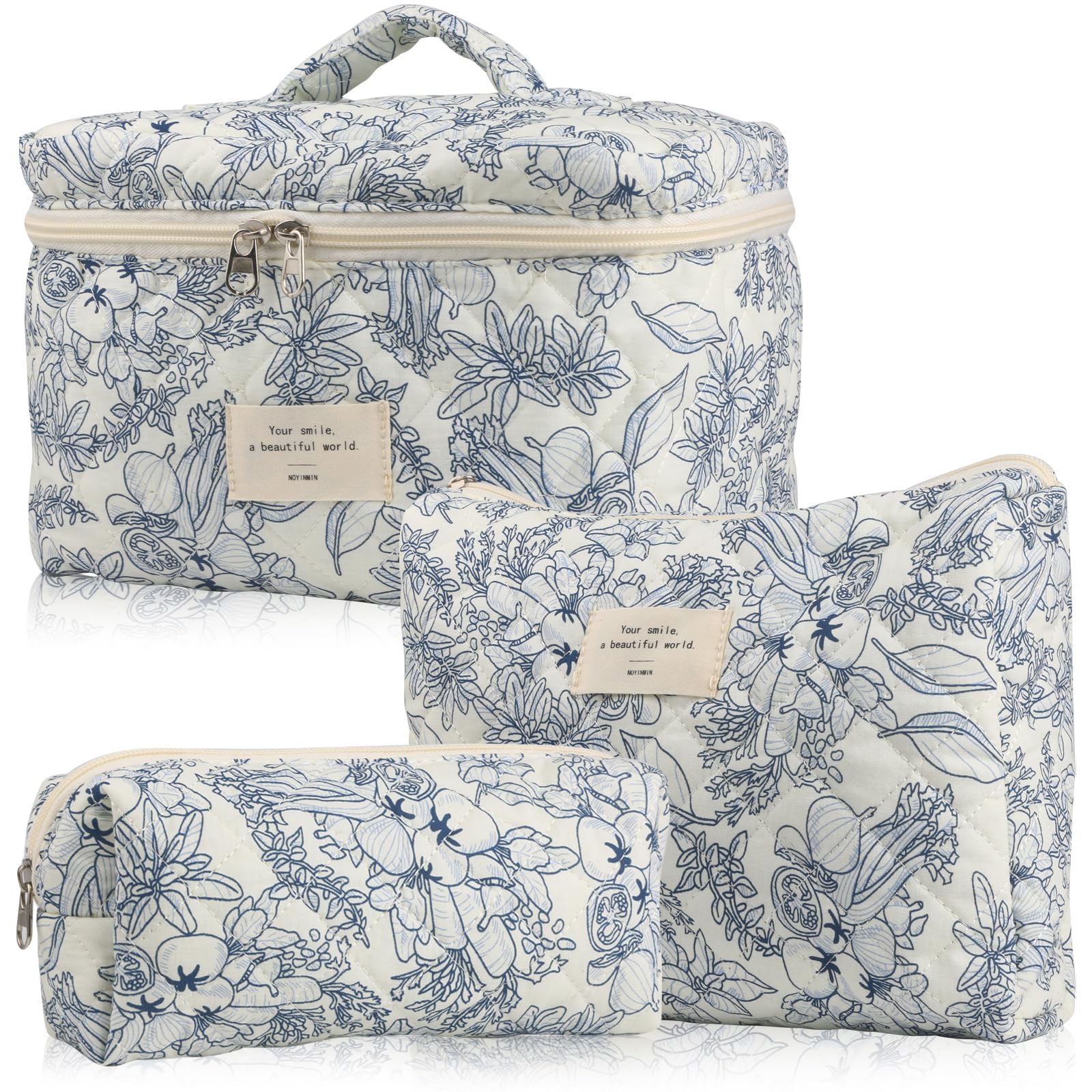 NATINSA Cute Makeup Bag for Women(2 Pcs), Travel Cosmetic Bags, Quilted Coquette Aesthetic Floral Toiletry Organizer Bag (22 - Black Flower)
