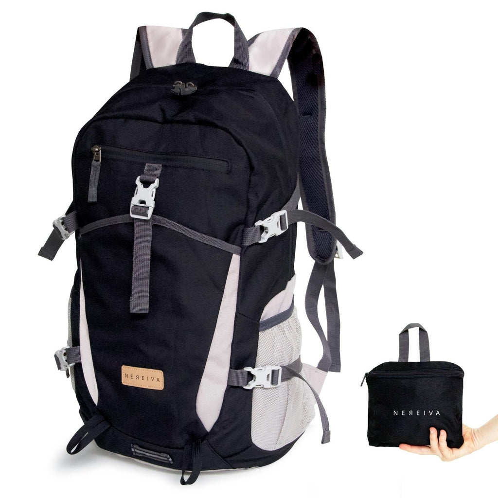 Nereiva Foldable Backpack with Rain Cover - Multiple Pockets - Waterproof Lightweight Packable Backpack for Travel Camping, 35L Hiking Foldable Daypack for Men Women Black