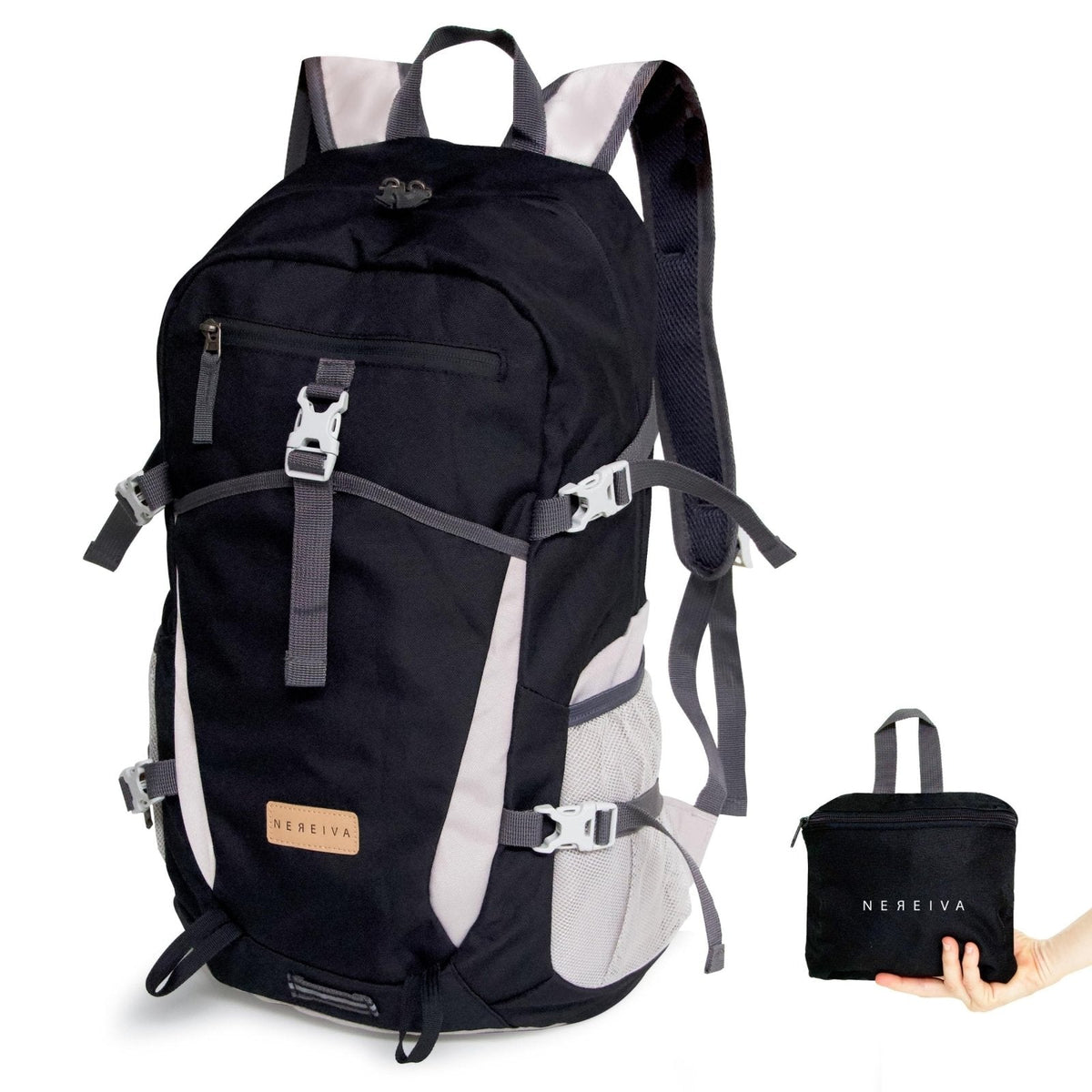 Nereiva Foldable Backpack with Rain Cover - Multiple Pockets - Waterproof Lightweight Packable Backpack for Travel Camping, 35L Hiking Foldable Daypack for Men Women Black