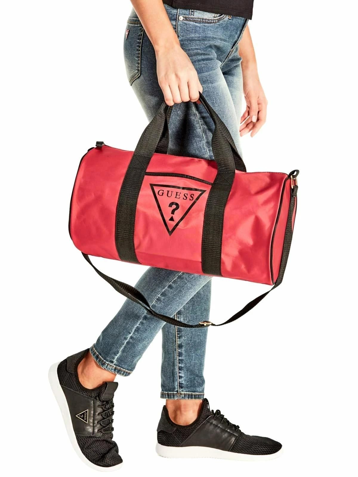 NEW GUESS Logo Gym Weekend Travel Nylon Lightweight Small Duffle Bag Handbag - Red/Black