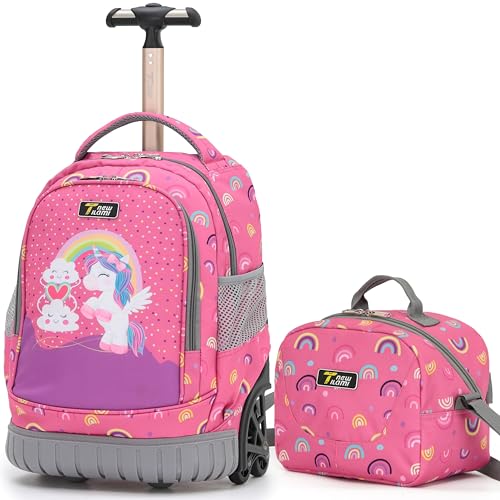 NEW TILAMI 16 Inch Rolling Backpack with Lunch Bag for Kids Adjustable Handle Carry-on Suitcase Wheels for Girls Boys School Travel Camping, Pink Rainbow Unicorn