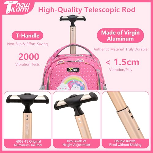 NEW TILAMI 16 Inch Rolling Backpack with Lunch Bag for Kids Adjustable Handle Carry-on Suitcase Wheels for Girls Boys School Travel Camping, Pink Rainbow Unicorn