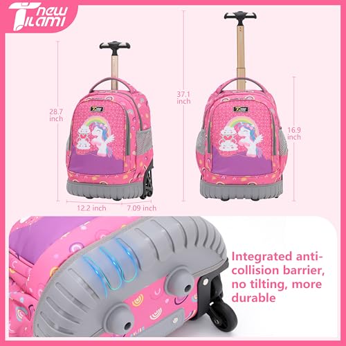 NEW TILAMI 16 Inch Rolling Backpack with Lunch Bag for Kids Adjustable Handle Carry-on Suitcase Wheels for Girls Boys School Travel Camping, Pink Rainbow Unicorn