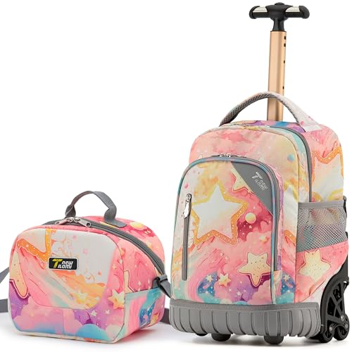 NEW TILAMI 16 Inch Rolling Backpack with Lunch Bag for Kids Adjustable Handle Carry-on Suitcase Wheels for Girls Boys School Travel Camping, Starry Rainbow